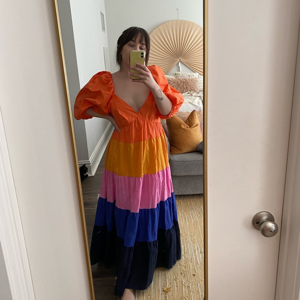 FARM Rio Color Blocking Tiered Maxi Dress